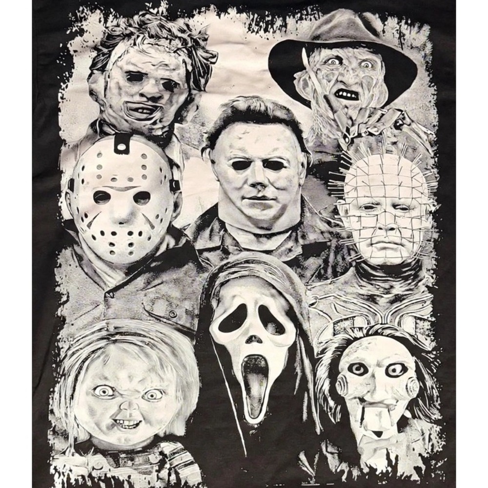 Chucky Ghostface Jigsaw Horror Movie Graphic Print Black Crew Neck T-Shirt XL - Picture 2 of 2